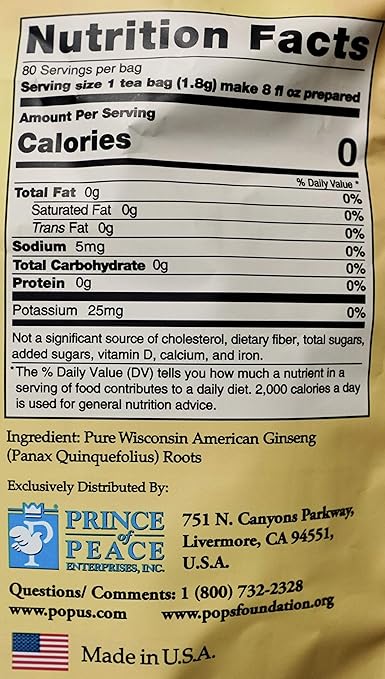 Prince of Peace 100% American Wisconsin Ginseng Root Tea, 80 Tea Bags