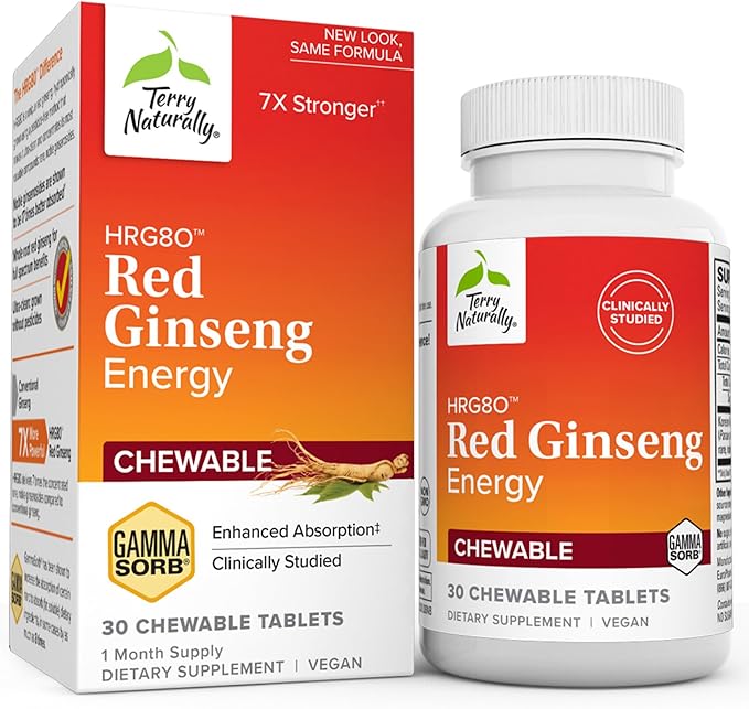 Terry Naturally HRG80 Red Ginseng Energy - 30 Chewable Tablets - Red Ginseng Root Powder,